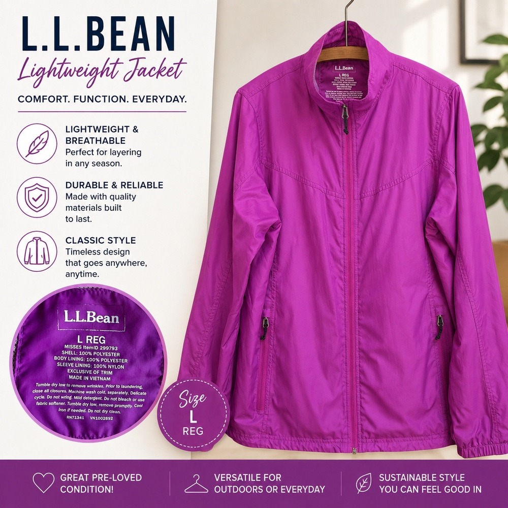 LL Bean Womens Lightweight Jacket Magenta Purple Full Zip Windbreaker L REG